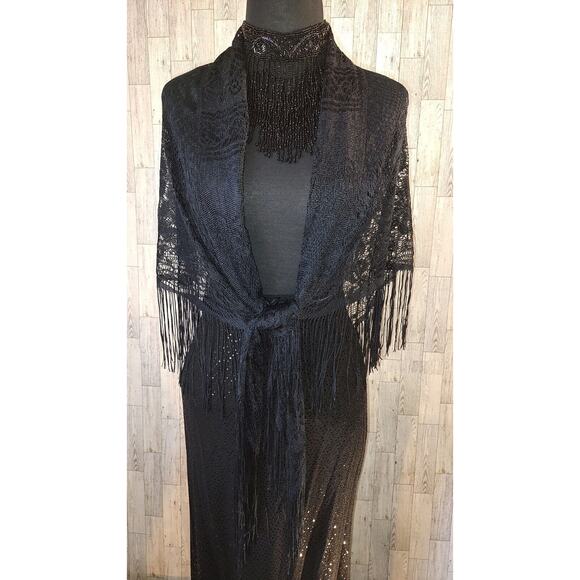 Qian Cai Woman Outfit SZ 15 Black long Elaborate Skirt Crochet Shaw Bead Choker - Picture 7 of 16